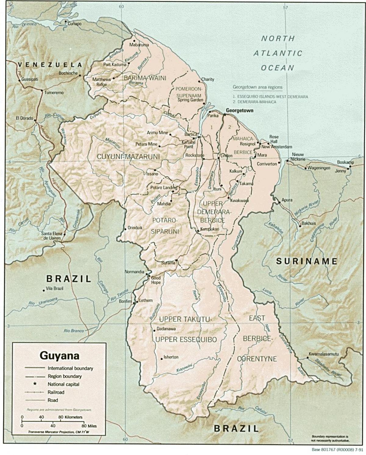 mappa della Guyana mostrando le tre contee