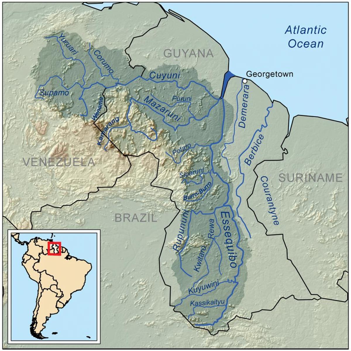 mappa della Guyana mostrando le tre principali fiumi