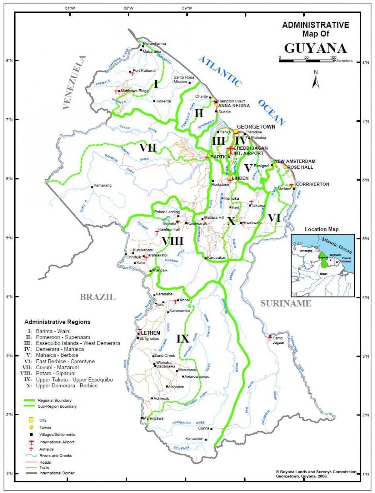 mappa della Guyana mostrando le dieci regioni amministrative