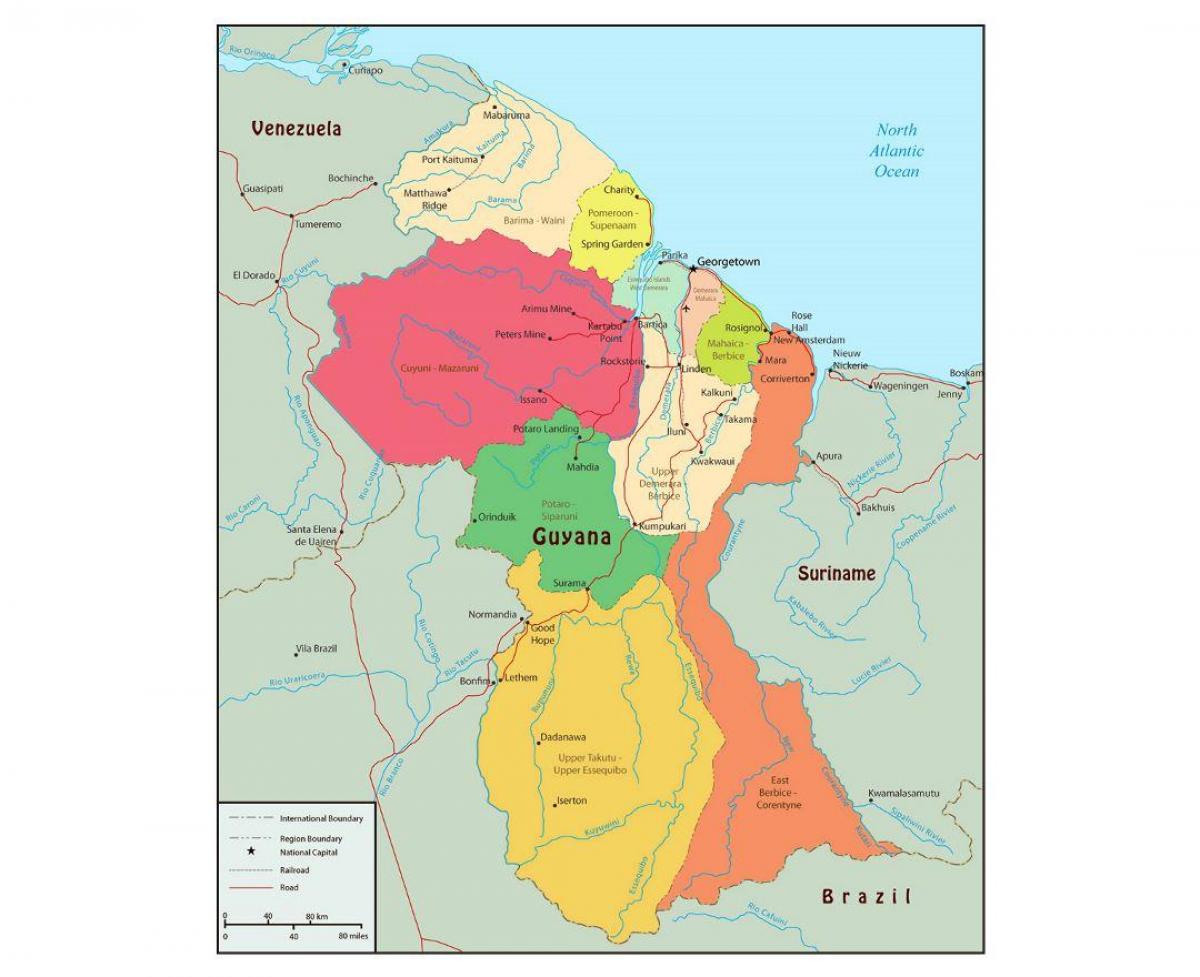 mappa della Guyana che mostra i 10 regioni amministrative