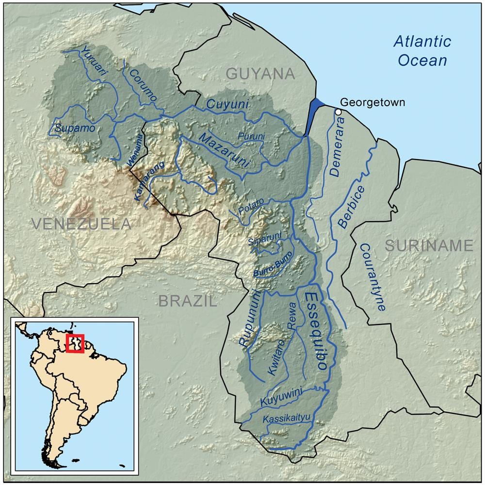 mappa della Guyana mostrando i fiumi