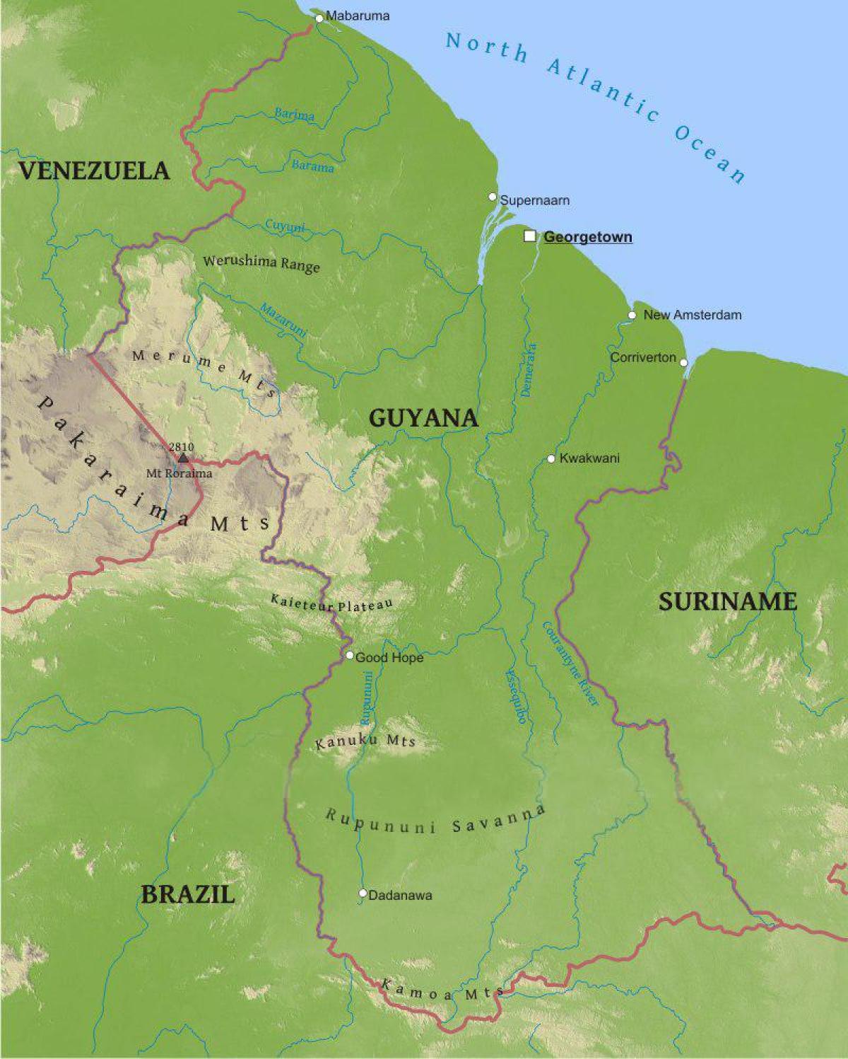 mappa della Guyana mostrando la bassa pianura costiera